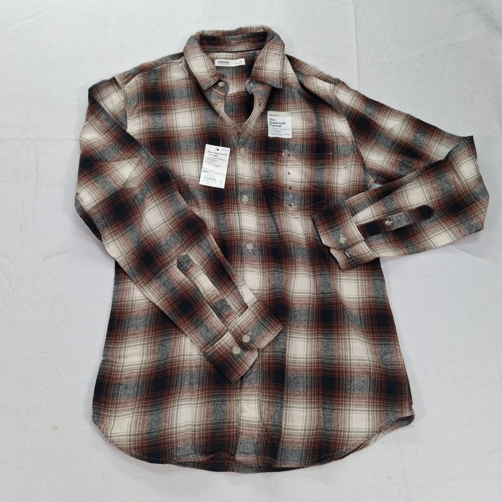 Sonoma Shirt Mens S Supersoft Flannel Brown Plaid Long Sleeve Button Down NEW